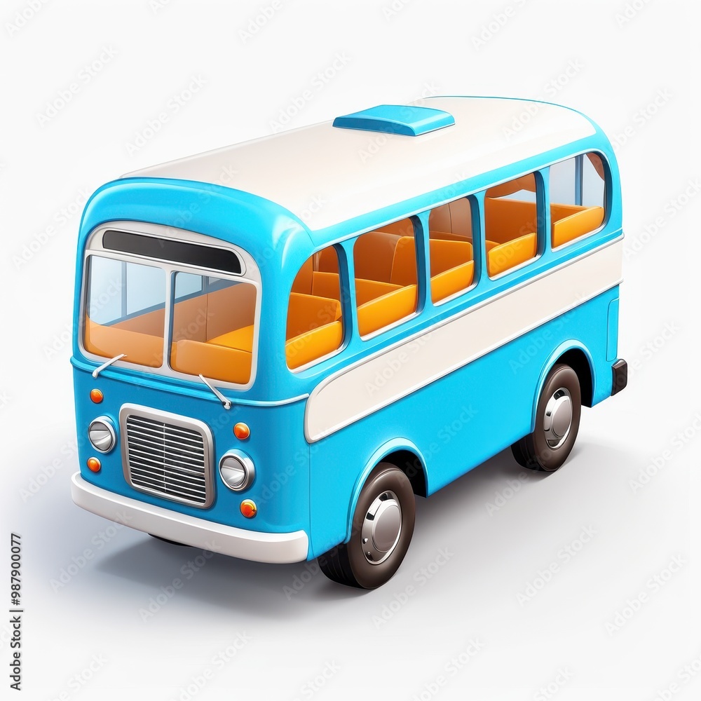 A stylized blue and white bus with orange seats, designed for playful or illustrative purposes. A stylized blue and white bus with orange seats, designed for playful or illustrative purposes.