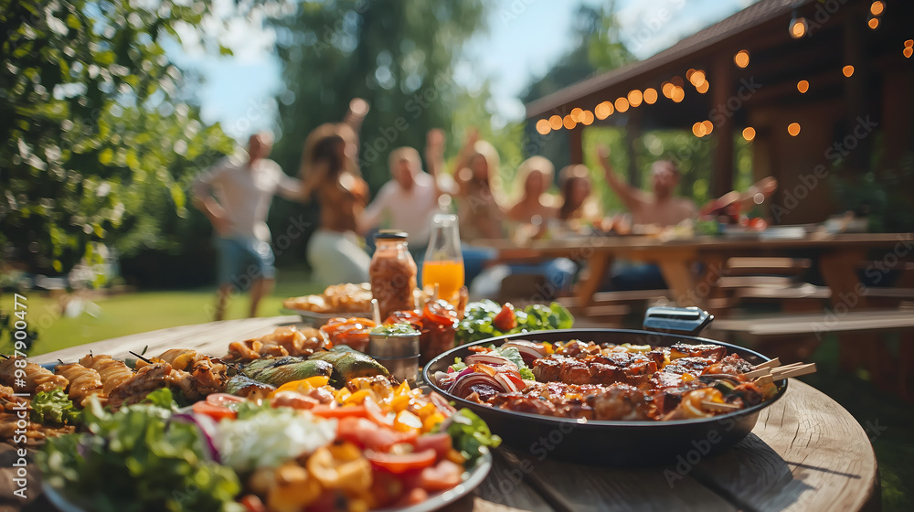 Backyard Dinner Table with Tasty Grilled Barbecue Meat, Fresh Vegetables and Salads. Happy Joyful People Dancing to Music, Celebrating and Having Fun in the Background on House Porch Backyard Dinner Table with Tasty Grilled Barbecue Meat, Fresh Vegetables and Salads. Happy Joyful People Dancing to Music, Celebrating and Having Fun in the Background on House Porch