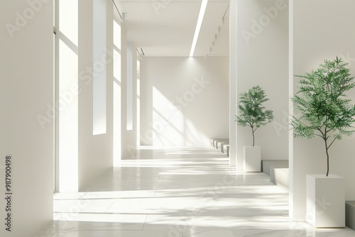 A long, empty hallway with white walls and white flooring, generative ai image