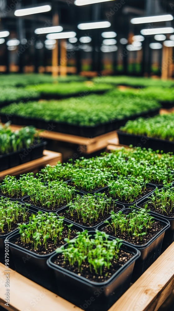 Under an LED light bar, a small table supports numerous seedlings in black pots, showcasing their growth in a well-lit indoor garden area Under an LED light bar, a small table supports numerous seedlings in black pots, showcasing their growth in a well-lit indoor garden area