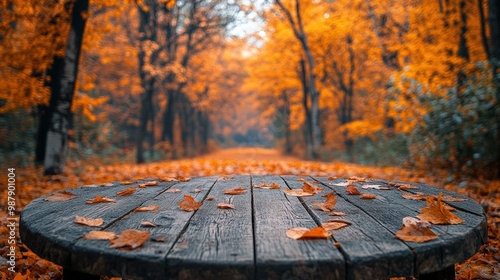 A round podium in the middle of an autumn forest, with orange and red foliage