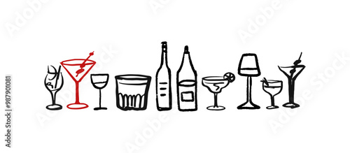 Isolated vector set of wine and alcoholic beverage glasses and tumblers. Hand drawn sketch.Red and black drawing on white background.Cocktails, martini, whiskey, cognac, vodka, gin tonic, beer, brandy