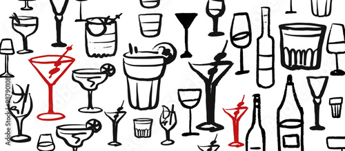 Isolated vector set of wine and alcoholic beverage glasses and tumblers. Hand drawn sketch.Red and black drawing on white background.Cocktails, martini, whiskey, cognac, vodka, gin tonic, beer, brandy