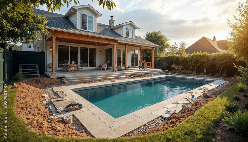 Fototapeta premium Backyard construction scene of a luxurious swimming pool in a suburban home, showcasing transformation.