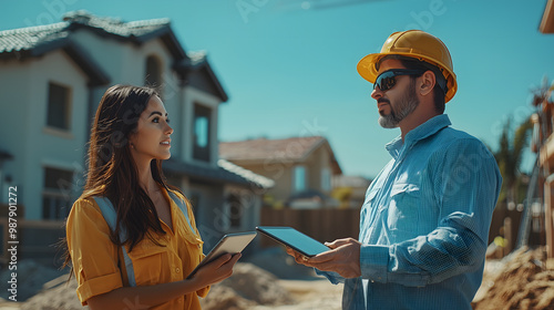 Hispanic Female Inspector Talking to Caucasian Male Land Development Manager With Tablet On Construction Site Of Real Estate Project. Excavators Preparing For Laying Foundation. Hot Sunny Day