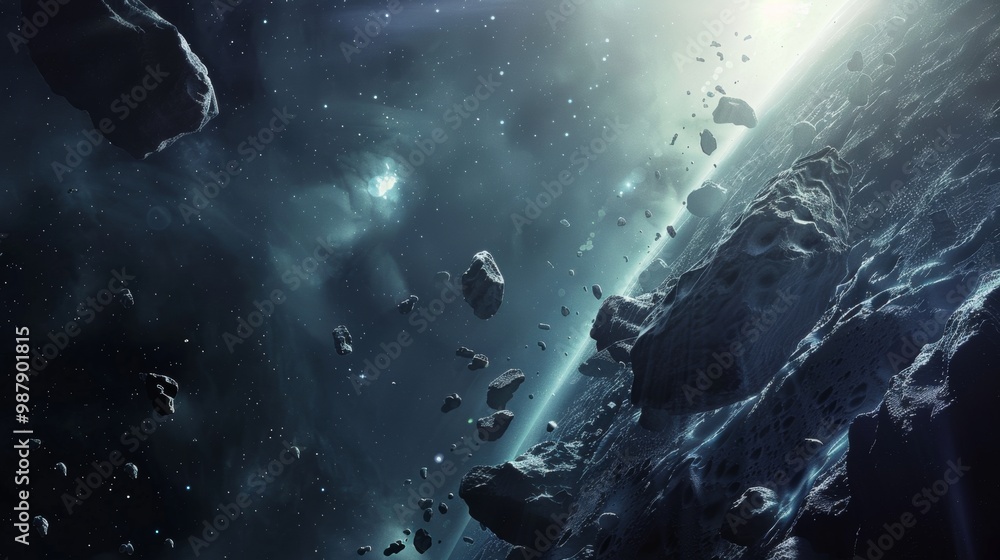 Fototapeta premium Captivating Cosmic Chaos Drifting Asteroids and Glowing Galaxies in the Vast Expanse of Space