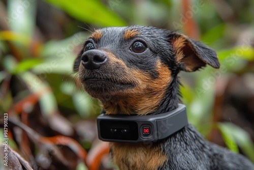 Black and brown puppy with electronic tracking collar