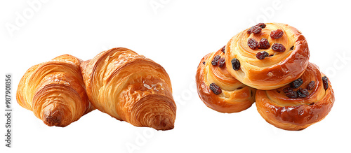 Pain aux raisins and croissants freshly baked and ready to enjoy for breakfast or a light lunch on a transparent background