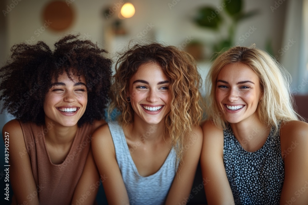 Smiling diverse women friends sharing joyful casual indoor bonding moments Smiling diverse women friends sharing joyful casual indoor bonding moments