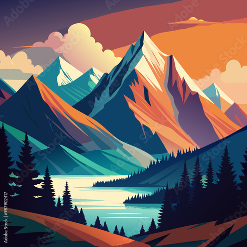 Mountain Landscape in Pastel Colors, Nature and Tranquility Concept Vector Art