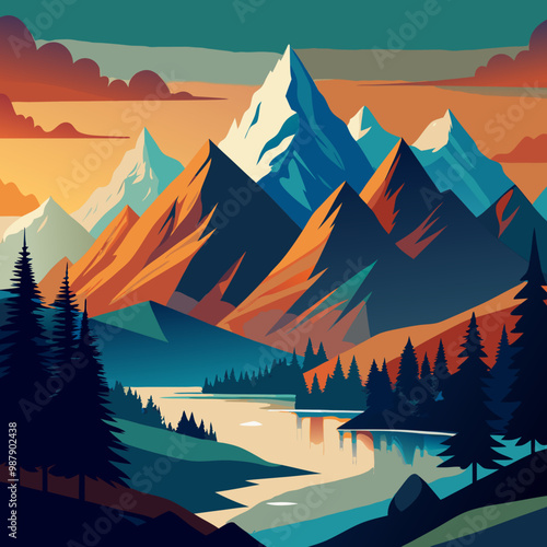 Mountain Landscape in Pastel Colors, Nature and Tranquility Concept Vector Art