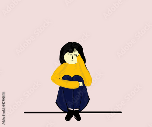 Mental health illustration design of a woman closing her eyes with a burden of thoughts holding her hair,