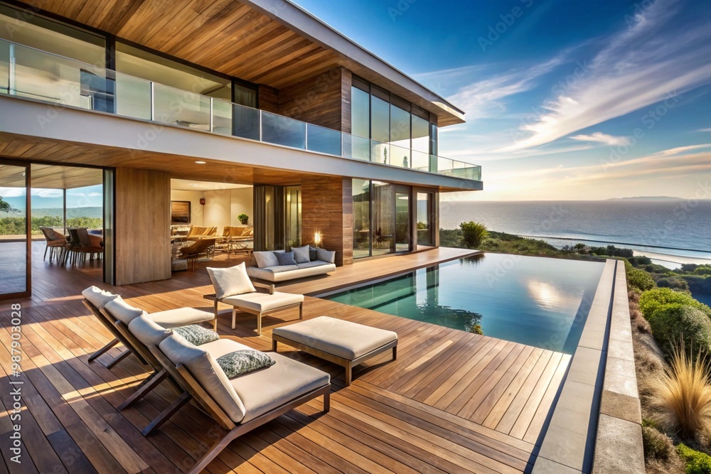 Fototapeta premium Luxurious Modern House Exterior with Minimalist Design and Large Outdoor Entertainment Area