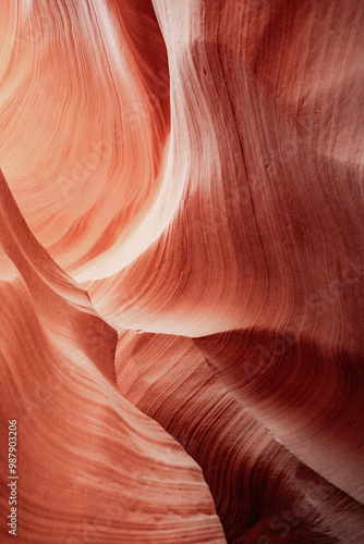 A detailed view of Antelope Canyon reveals its smooth, flowing sandstone walls, sculpted by time and water into mesmerizing shapes.