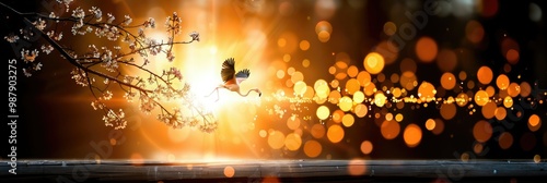 A colorful bird takes flight under a glowing sunset with blooming flowers and sparkling lights photo