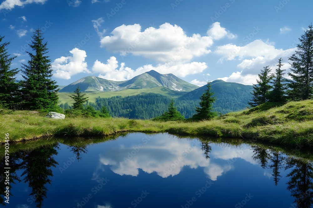 Mountain lake with reflection of blue sky and clouds. Stunning nature landscape with trees, hills and calm water. Mountain lake with reflection of blue sky and clouds. Stunning nature landscape with trees, hills and calm water.
