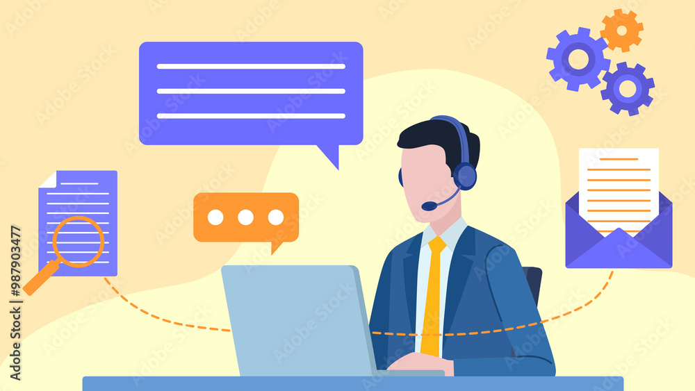 flat design illustration. Man sitting in front of desk with headset and talking with client. Businessman working on laptop. Speaking bubble, laptop, email, document, cogs. flat design illustration. Man sitting in front of desk with headset and talking with client. Businessman working on laptop. Speaking bubble, laptop, email, document, cogs.