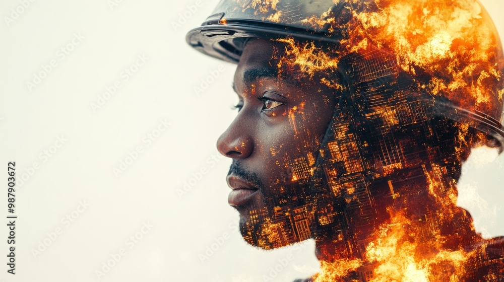 Double exposure image of a Black male wearing a firefighter's helmet with flames and urban buildings in the background. Double exposure image of a Black male wearing a firefighter's helmet with flames and urban buildings in the background.