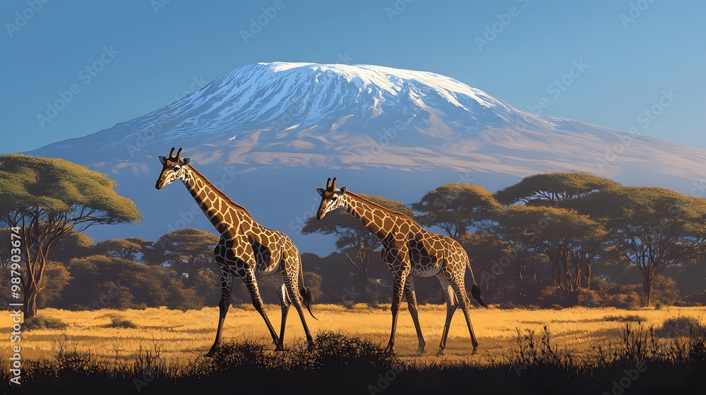 Naklejka premium Giraffes in front of Mount Kilimanjaro at Amboseli National Park, Mount Kilimanjaro with Masai giraffe in front