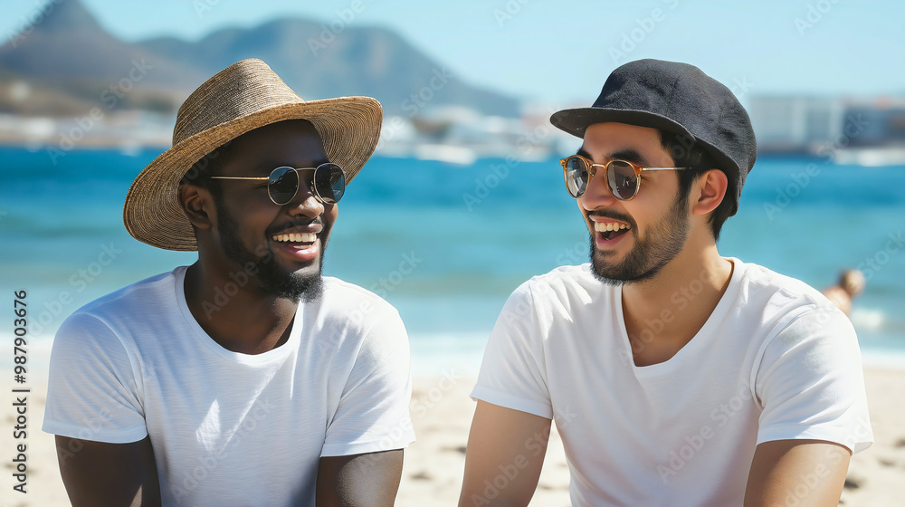 Fototapeta premium Two happy young men enjoying a summer vacation at the beach, laughing together talking and celebrating friendship by the sea, carefree outdoor fun happiness, joy of diverse companionship