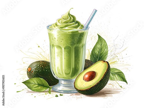 Watercolor illustration of vegan avocado smoothie. Hand drawn healthy detox drink made of avocado isolated on white background.