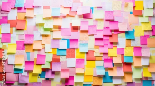 A colorful mosaic of sticky notes fills up a bulletin board, reflecting creativity, organization, and an explosion of thoughts and ideas. photo