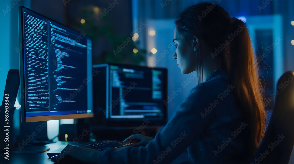 Young woman female programmer developer sitting at office desk late at night, working on a software development project, typing code on multiple computer screens, online technology data, business Young woman female programmer developer sitting at office desk late at night, working on a software development project, typing code on multiple computer screens, online technology data, business