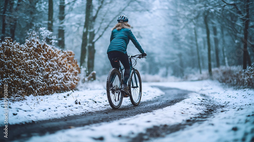 Rearview of a woman cycling through a snowy winter forest cold extreme sports adventure on her mountain bike enjoying an active lifestyle outdoor recreation, riding bicycle along icy trail with helmet