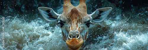 A giraffe emerges from the water, its head and neck above the surface.