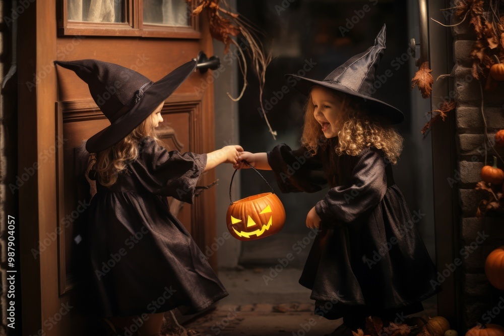 Fototapeta premium Children Trick-or-Treating on Halloween Night