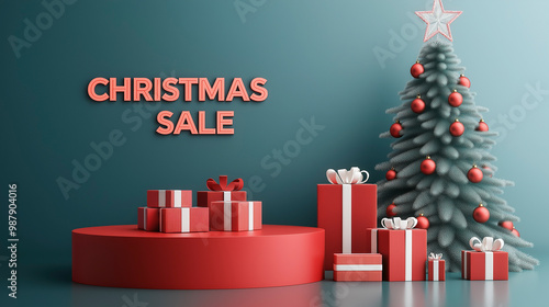 Festive 3D podium with gifts and a decorated Christmas tree promoting holiday sales and discounts in a cheerful setting