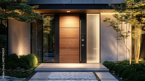 Modern entrance, simple wooden front door, simple white house facade with brown natural wood door photo