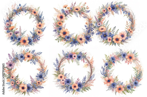 Watercolor floral wreaths set. Rustic wedding greenery. Blue, peach, pink and green tones. Watercolor save the date card. Summer rustic style. Round invitation frame set isolated on white background.