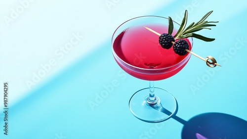 Vibrant pink cocktail with blackberry and rosemary garnish in an elegant glass on a cyan background