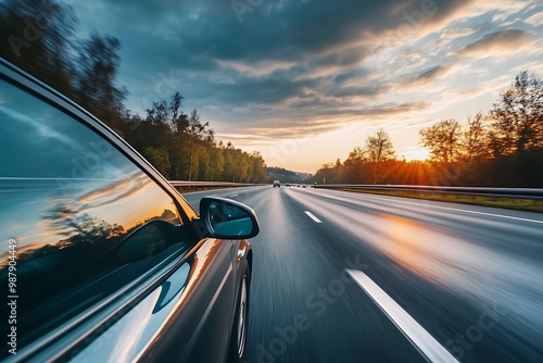 Driving towards sunset on open highway road, motion blur, freedom travel concept