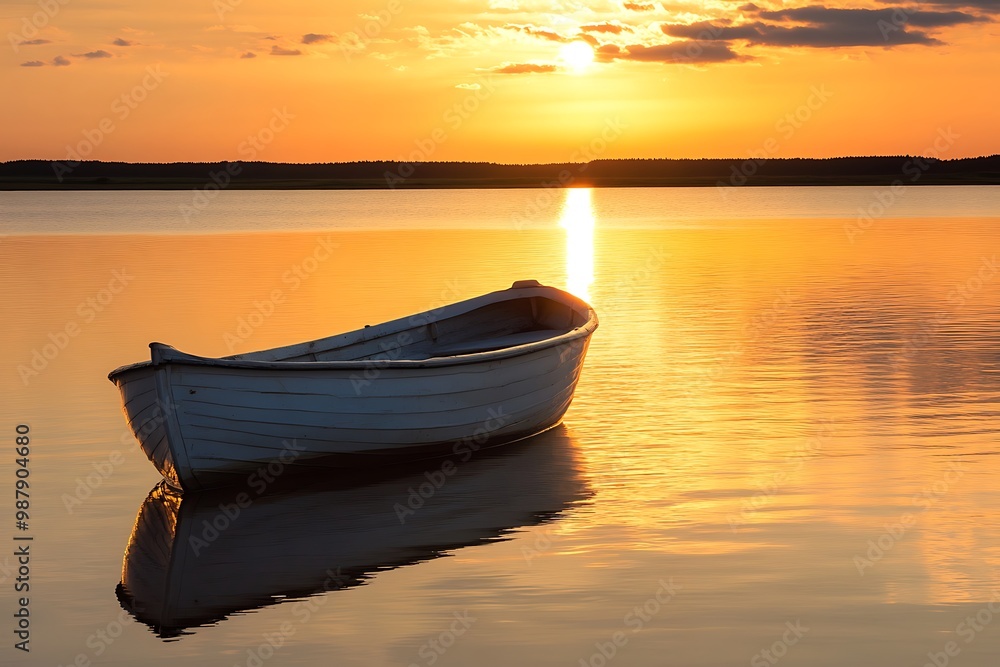 White Rowboat on Calm Water at Sunset