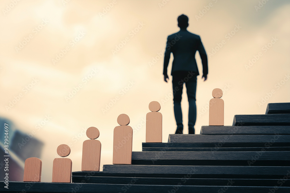 A man ascending wooden steps symbolizing career growth and personal development A man ascending wooden steps symbolizing career growth and personal development