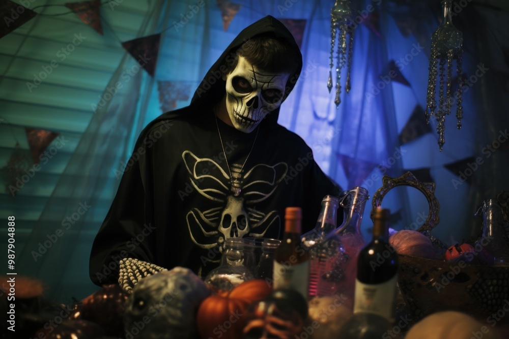 Masked DJ and Guests at a Spooky Halloween Party Masked DJ and Guests at a Spooky Halloween Party