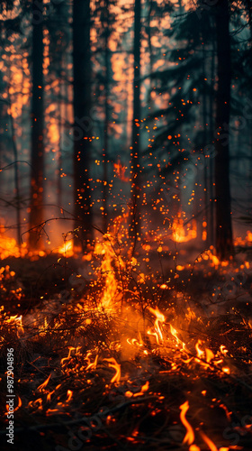 A forest fire is burning in the woods, with the flames reaching high into the sky. The scene is dark and ominous, with the smoke and flames creating a sense of danger and destruction