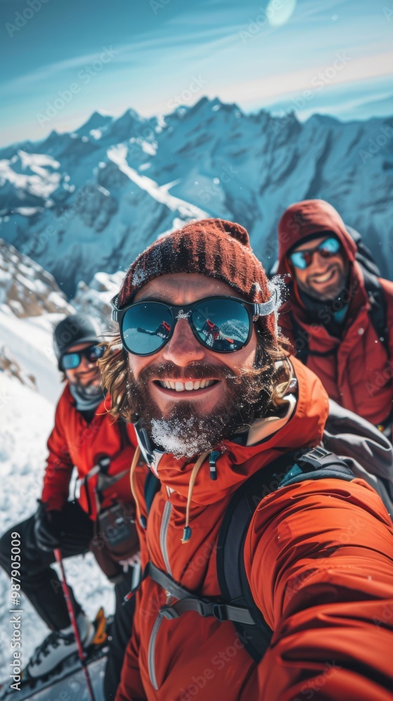 Three men are smiling and posing for a picture on a snowy mountain. They are wearing red jackets and hats, and one of them is wearing sunglasses. Scene is cheerful and adventurous Three men are smiling and posing for a picture on a snowy mountain. They are wearing red jackets and hats, and one of them is wearing sunglasses. Scene is cheerful and adventurous