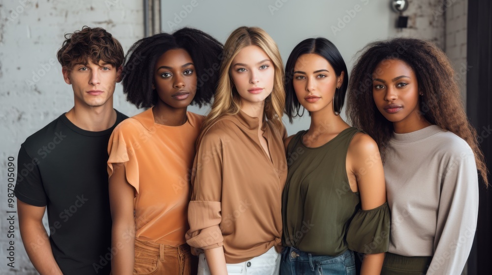 Five diverse young adults stand closely, dressed in stylish outfits against a textured indoor background, reflecting unity and modern sensibilities. Five diverse young adults stand closely, dressed in stylish outfits against a textured indoor background, reflecting unity and modern sensibilities.