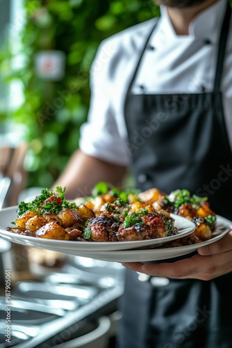 waiter with meat dish in hands close-up Generative AI