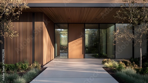 Modern entrance, simple wooden front door, simple white house facade with brown natural wood door photo