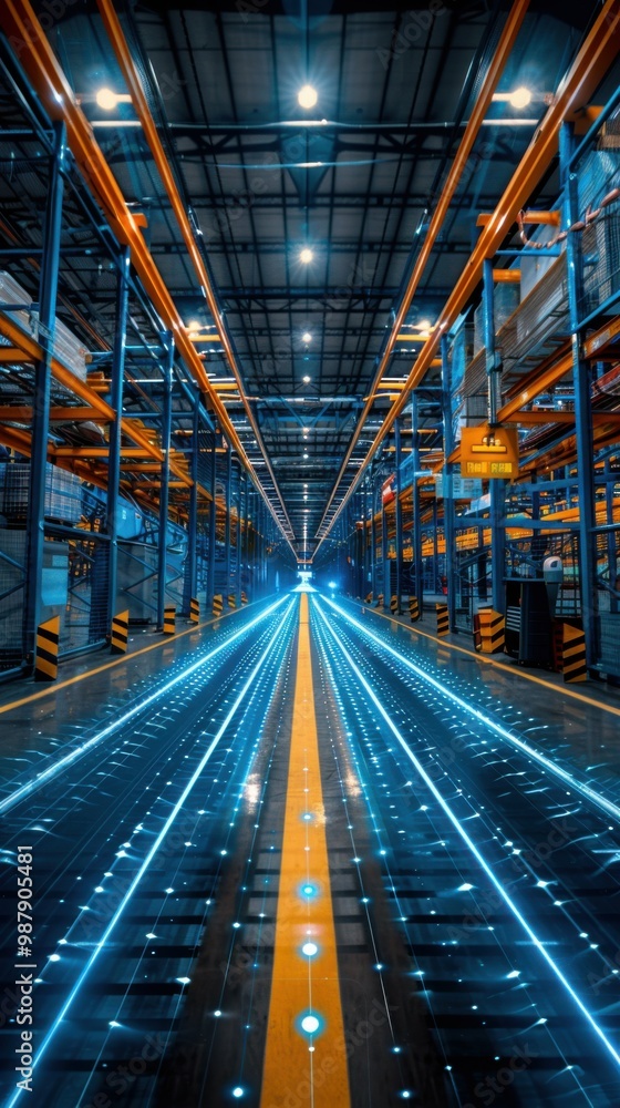 A long, empty warehouse with a yellow line down the middle. The blue and yellow lights create a futuristic, industrial atmosphere A long, empty warehouse with a yellow line down the middle. The blue and yellow lights create a futuristic, industrial atmosphere