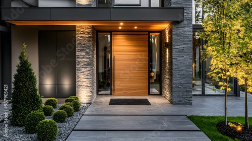 Modern entrance, simple wooden front door, simple white house facade with brown natural wood door photo