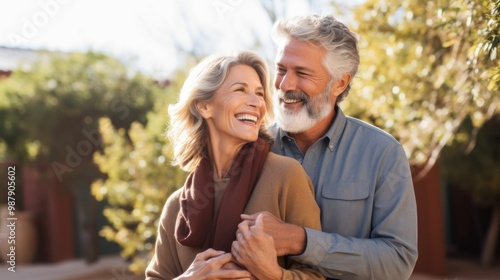 A joyful older couple embraces in a sunlit outdoor setting, both smiling and radiating warmth and love, capturing a beautiful moment of togetherness.