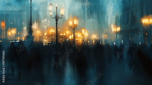 Wallpaper Mural Abstract blurry street scene at night with warm glowing lamplights and dark figures creating a moody atmosphere Torontodigital.ca