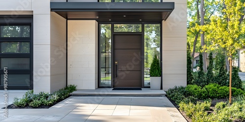 Modern entrance, simple wooden front door, simple white house facade with brown natural wood door