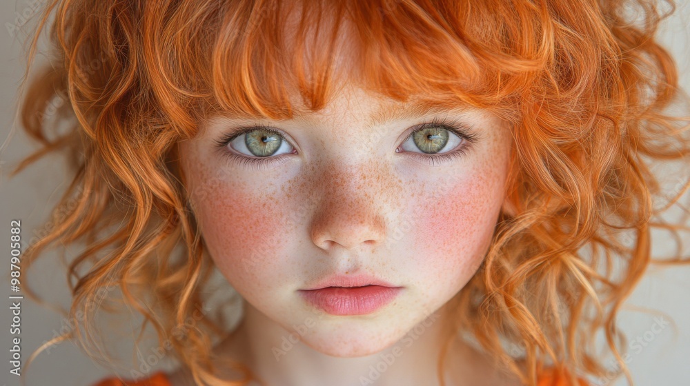 Fototapeta premium A young girl with red hair and green eyes. She has a rosy complexion and is wearing an orange shirt