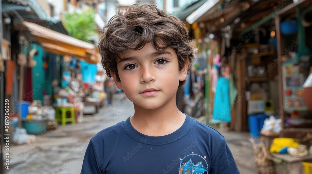 A young boy wearing a blue shirt stands in front of a market. The boy is looking at the camera with a serious expression. The market is filled with various items, including a few bowls and a cup A young boy wearing a blue shirt stands in front of a market. The boy is looking at the camera with a serious expression. The market is filled with various items, including a few bowls and a cup